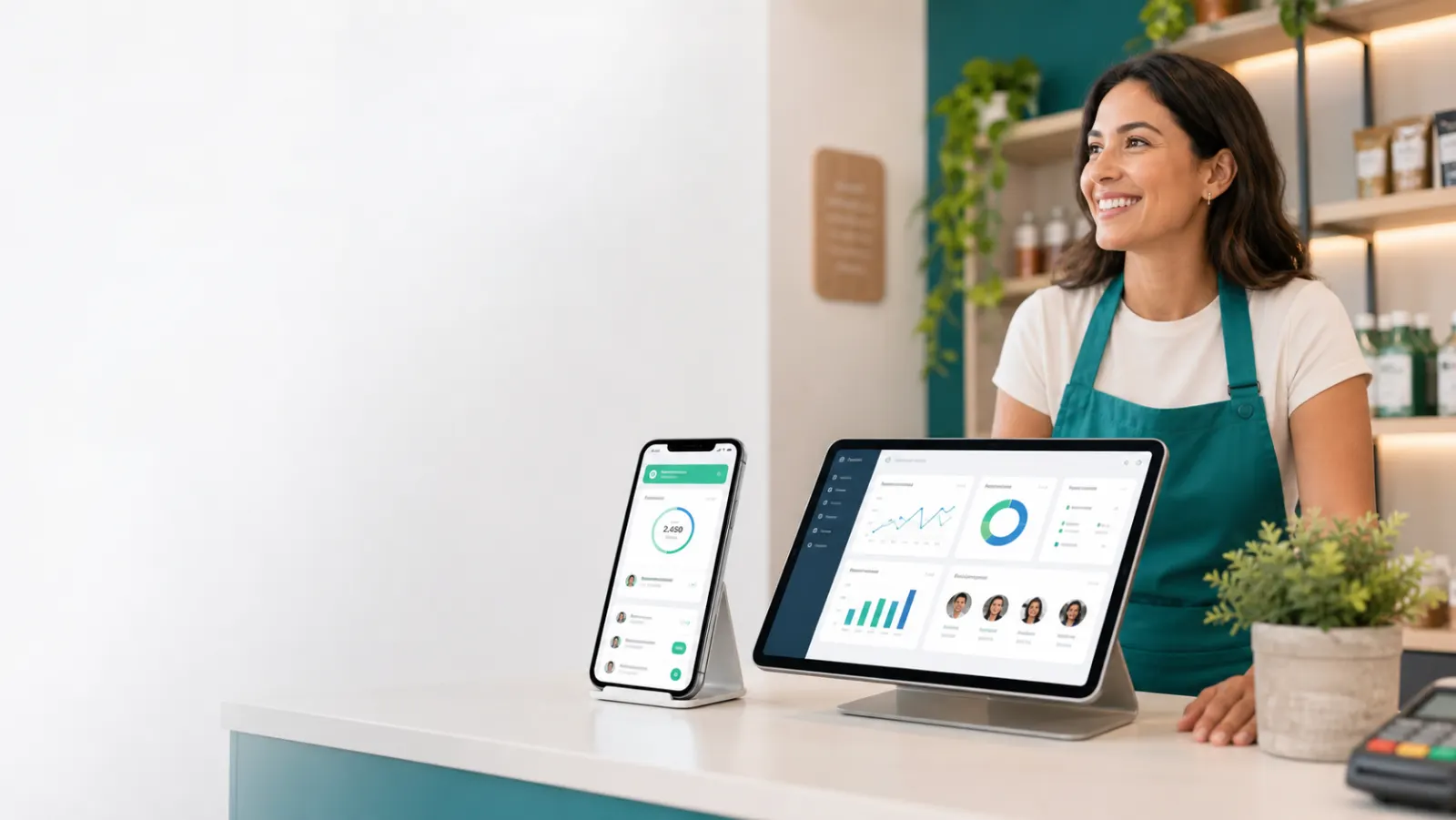 Tablet e celular exibindo painel de fidelização em um balcão de loja